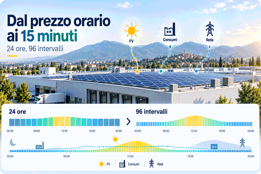 Mercato elettrico a 15 minuti in Italia con fotovoltaico aziendale e 96 intervalli giornalieri Mercato elettrico a 15 minuti in Italia con fotovoltaico aziendale e 96 intervalli giornalieri