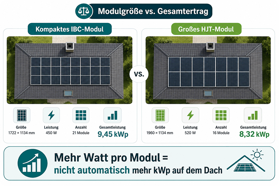 Vergleich der installierbaren Gesamtleistung eines kompakten 450-W-IBC-Moduls und eines großen 520-W-HJT-Moduls auf derselben Dachfläche. Vergleich der installierbaren Gesamtleistung eines kompakten 450-W-IBC-Moduls und eines großen 520-W-HJT-Moduls auf derselben Dachfläche.