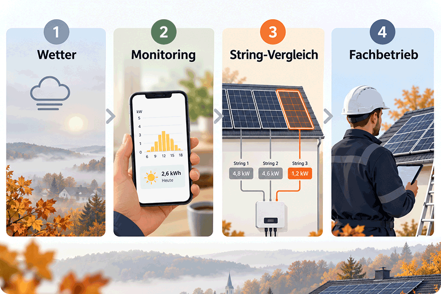 PV-Ertrag zu niedrig: Vier Schritte zur Prüfung von Wetter, Monitoring, Strings und technischen Fehlern PV-Ertrag zu niedrig: Vier Schritte zur Prüfung von Wetter, Monitoring, Strings und technischen Fehlern