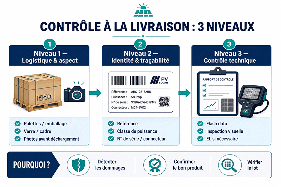 Contrôle à la livraison des panneaux photovoltaïques en trois niveaux : emballage, traçabilité et vérification technique Contrôle à la livraison des panneaux photovoltaïques en trois niveaux : emballage, traçabilité et vérification technique