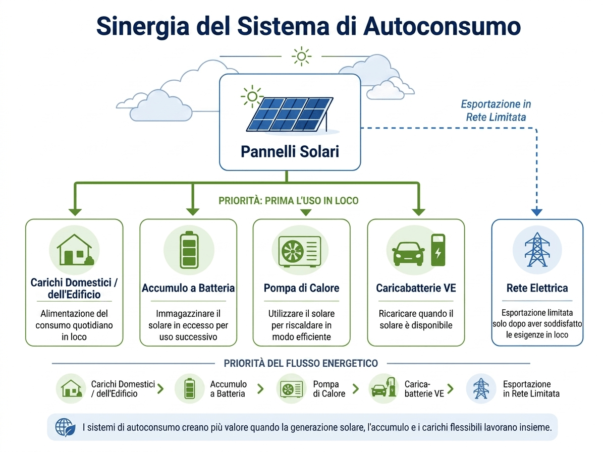 Pannelli solari integrati con batteria di accumulo, pompa di calore e caricatore per veicoli elettrici per l’autoconsumo. Pannelli solari integrati con batteria di accumulo, pompa di calore e caricatore per veicoli elettrici per l’autoconsumo.
