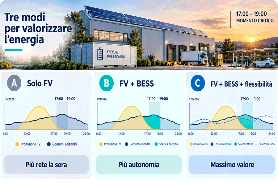 Confronto tra solo fotovoltaico, fotovoltaico con BESS e carichi flessibili per un’azienda Confronto tra solo fotovoltaico, fotovoltaico con BESS e carichi flessibili per un’azienda