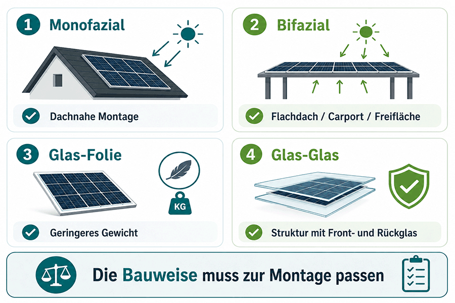 Vergleich von monofazialen, bifazialen, Glas-Folie- und Glas-Glas-Solarmodulen nach geeigneter Montageart Vergleich von monofazialen, bifazialen, Glas-Folie- und Glas-Glas-Solarmodulen nach geeigneter Montageart
