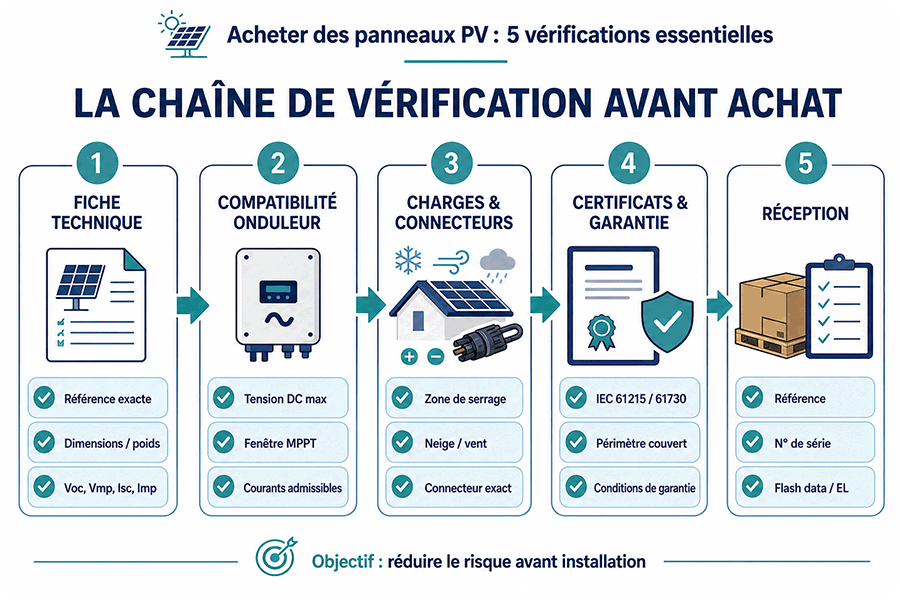 Étapes essentielles pour vérifier des panneaux photovoltaïques avant achat : fiche technique, compatibilité onduleur, charges, certifications et réception Étapes essentielles pour vérifier des panneaux photovoltaïques avant achat : fiche technique, compatibilité onduleur, charges, certifications et réception
