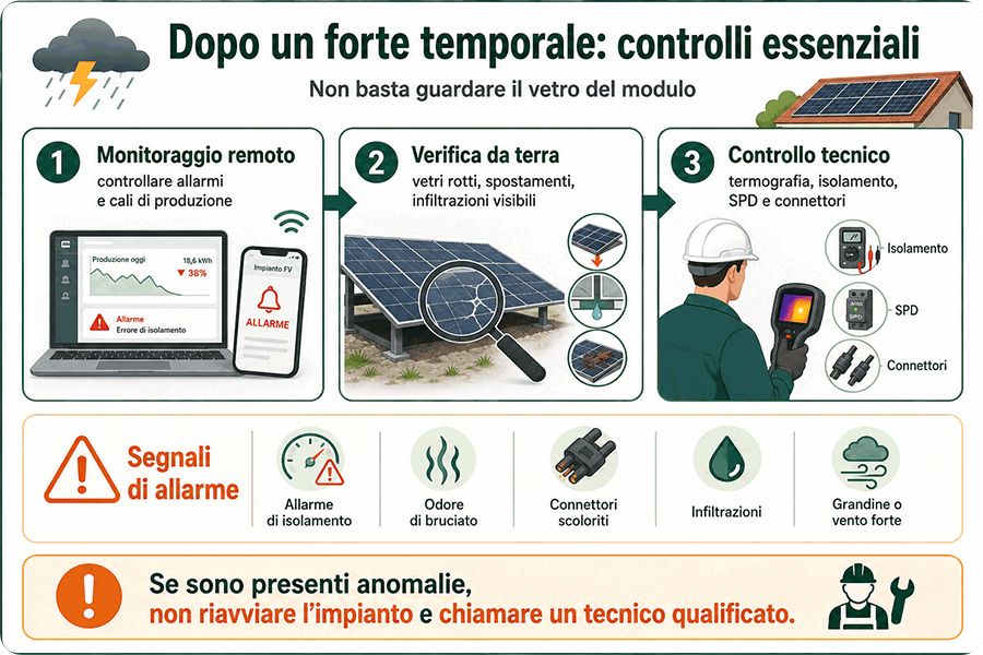 Controlli dell’impianto fotovoltaico dopo un forte temporale: monitoraggio remoto, verifica visiva da terra e ispezione tecnica di isolamento, SPD e connettori Controlli dell’impianto fotovoltaico dopo un forte temporale: monitoraggio remoto, verifica visiva da terra e ispezione tecnica di isolamento, SPD e connettori