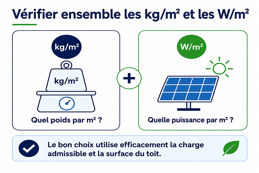 Sélection des modules pour toitures industrielles en fonction de la capacité portante et de la surface disponible : système léger, rendement élevé (W/m²) ou solution équilibrée Sélection des modules pour toitures industrielles en fonction de la capacité portante et de la surface disponible : système léger, rendement élevé (W/m²) ou solution équilibrée