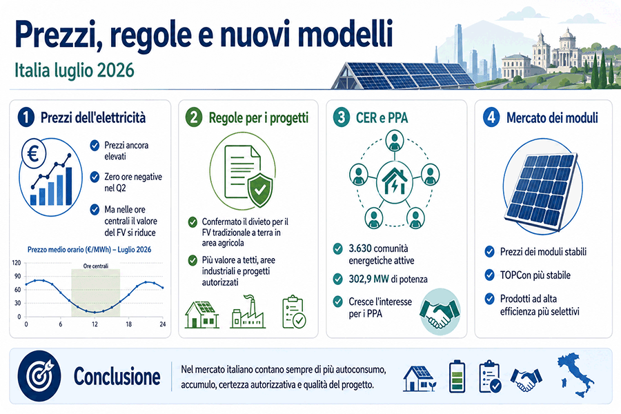 Mercato fotovoltaico italiano a luglio 2026 con record di produzione, nuova potenza e crescita del segmento C&I Mercato fotovoltaico italiano a luglio 2026 con record di produzione, nuova potenza e crescita del segmento C&I