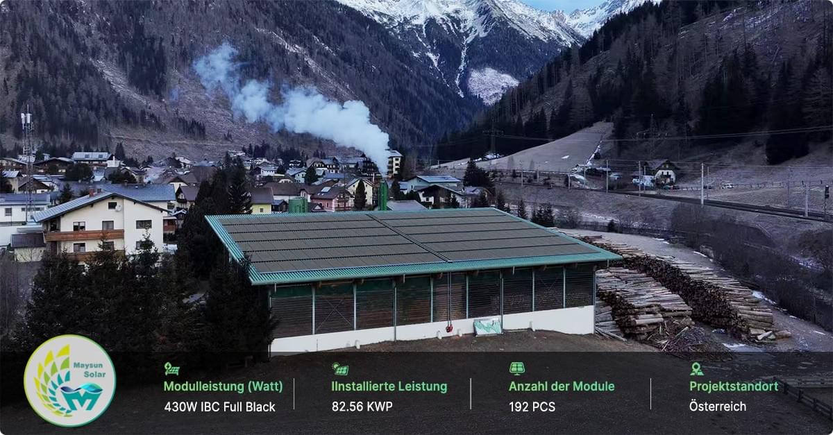 Österreich – IBC 430W Full Black Solaranlage mit 82.56 kWp Gesamtkapazität, bestehend aus 192 Modulen. Österreich – IBC 430W Full Black Solaranlage mit 82.56 kWp Gesamtkapazität, bestehend aus 192 Modulen.