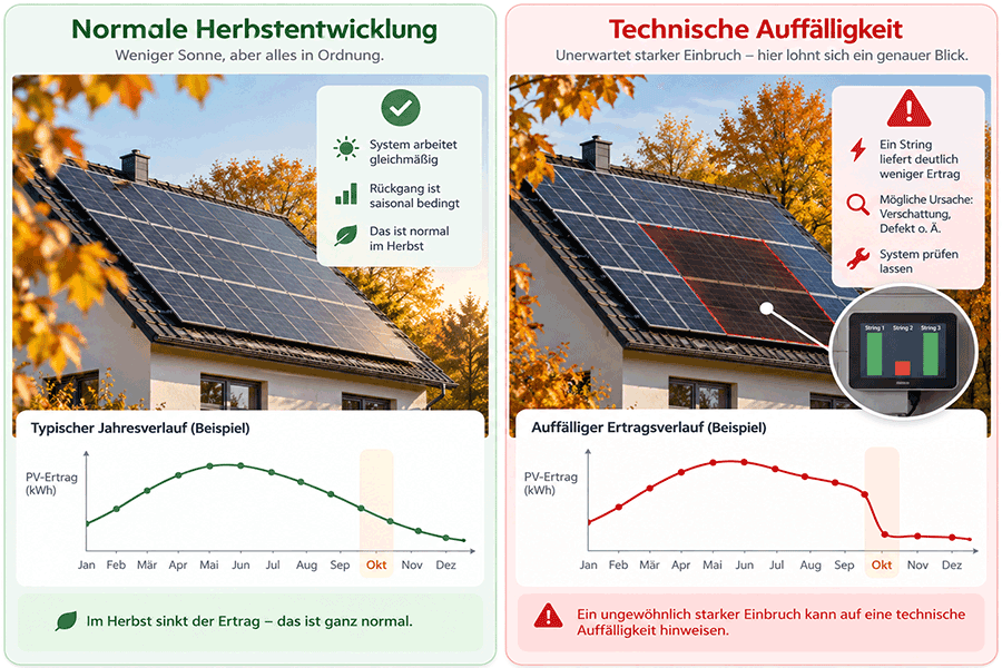 PV-Ertrag im Oktober: Vergleich zwischen normalem saisonalem Rückgang und technischem Fehler PV-Ertrag im Oktober: Vergleich zwischen normalem saisonalem Rückgang und technischem Fehler