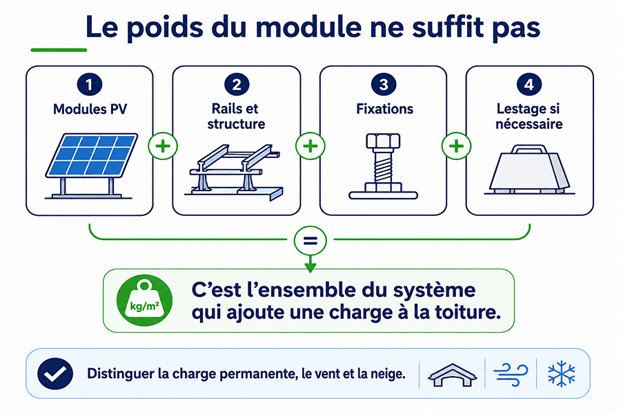 Charge du système pour une installation photovoltaïque sur toiture industrielle, incluant les modules solaires, la structure de montage, les fixations et le lestage, ainsi que les charges dues au vent et à la neige Charge du système pour une installation photovoltaïque sur toiture industrielle, incluant les modules solaires, la structure de montage, les fixations et le lestage, ainsi que les charges dues au vent et à la neige