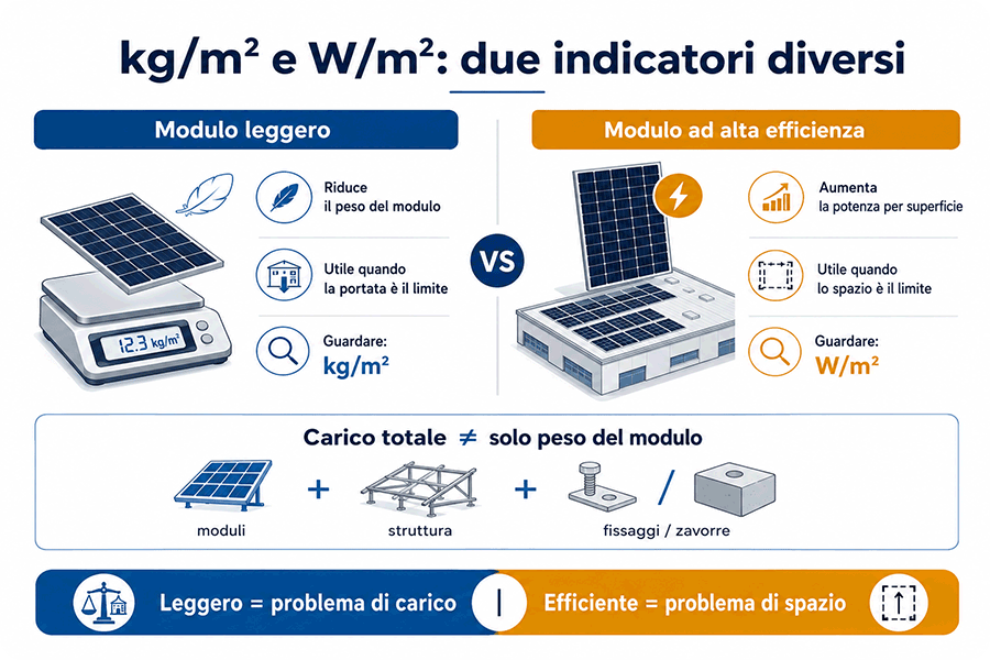 Confronto tra kg/m² e W/m² per scegliere moduli fotovoltaici su tetti industriali Confronto tra kg/m² e W/m² per scegliere moduli fotovoltaici su tetti industriali