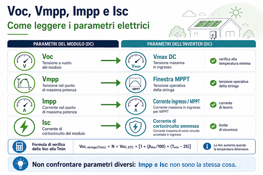Voc, Vmpp, Impp e Isc: confronto tra parametri del modulo fotovoltaico e limiti di ingresso dell'inverter Voc, Vmpp, Impp e Isc: confronto tra parametri del modulo fotovoltaico e limiti di ingresso dell'inverter