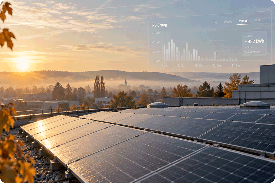 Photovoltaikanlage im Oktober bei herbstlichem Sonnenlicht mit Anzeige des monatlichen PV-Ertrags Photovoltaikanlage im Oktober bei herbstlichem Sonnenlicht mit Anzeige des monatlichen PV-Ertrags
