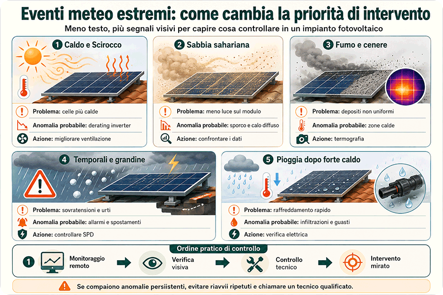 Infografica sugli eventi meteo estremi che mostra gli effetti di caldo, Scirocco, sabbia sahariana, fumo, grandine e pioggia sugli impianti fotovoltaici e le relative priorità di controllo Infografica sugli eventi meteo estremi che mostra gli effetti di caldo, Scirocco, sabbia sahariana, fumo, grandine e pioggia sugli impianti fotovoltaici e le relative priorità di controllo