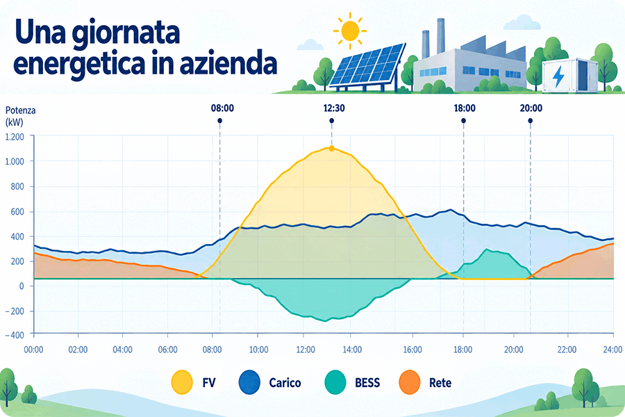 Curva giornaliera a 15 minuti con produzione fotovoltaica, carico aziendale, BESS e rete Curva giornaliera a 15 minuti con produzione fotovoltaica, carico aziendale, BESS e rete