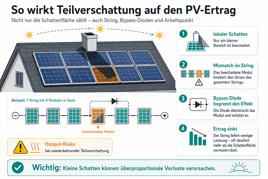 Teilverschattung auf einem PV-Dach mit String, Bypass-Diode und möglichem Hotspot-Risiko Teilverschattung auf einem PV-Dach mit String, Bypass-Diode und möglichem Hotspot-Risiko