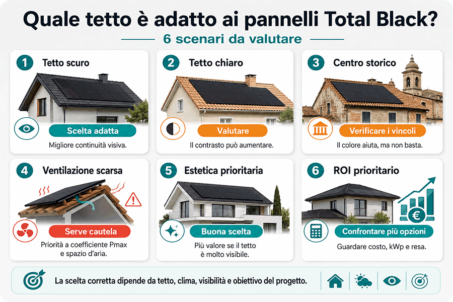 Sei scenari di tetto per valutare i pannelli fotovoltaici Total Black, tra colore, ventilazione, vincoli paesaggistici, estetica e ROI. Sei scenari di tetto per valutare i pannelli fotovoltaici Total Black, tra colore, ventilazione, vincoli paesaggistici, estetica e ROI.