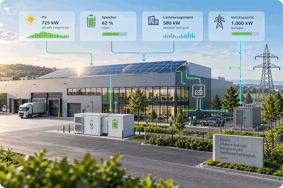 Photovoltaik, Speicher und Lastmanagement in einem Gewerbebetrieb zur Optimierung von Netzbezug und Netzkapazität Photovoltaik, Speicher und Lastmanagement in einem Gewerbebetrieb zur Optimierung von Netzbezug und Netzkapazität