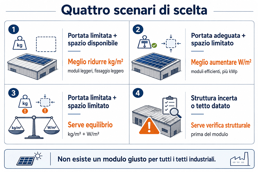 Quattro scenari per scegliere moduli fotovoltaici su tetti industriali in base a portata e spazio Quattro scenari per scegliere moduli fotovoltaici su tetti industriali in base a portata e spazio