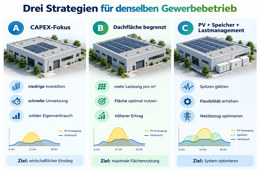 Vergleich von drei Strategien für denselben Gewerbebetrieb: CAPEX-Fokus, begrenzte Dachfläche sowie PV mit Speicher und Lastmanagement Vergleich von drei Strategien für denselben Gewerbebetrieb: CAPEX-Fokus, begrenzte Dachfläche sowie PV mit Speicher und Lastmanagement