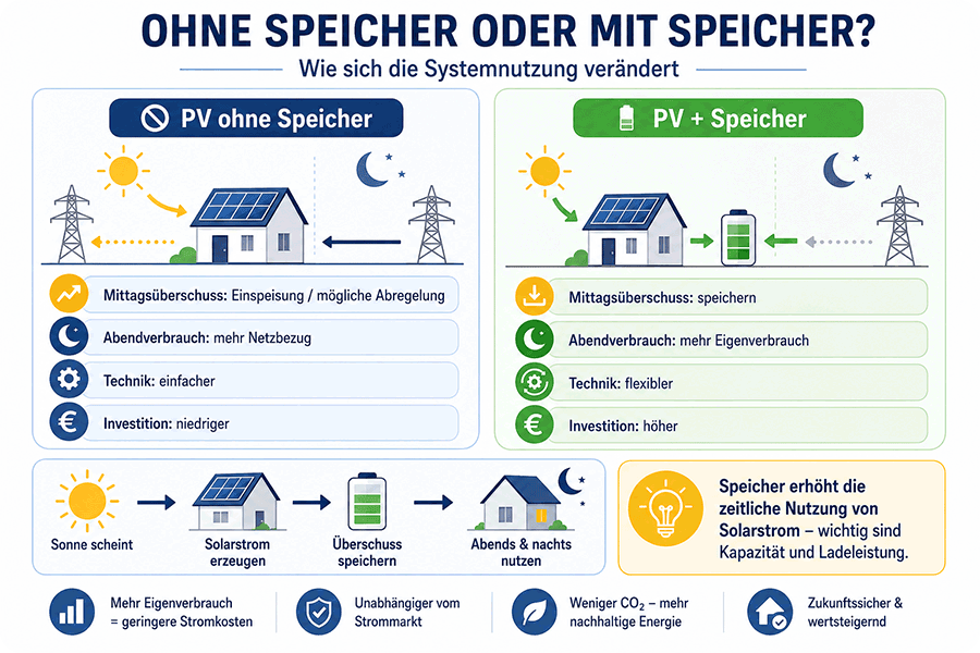 Infografik zum Vergleich einer Photovoltaikanlage ohne Speicher und einer PV-Anlage mit Batteriespeicher, mit Darstellung von Mittagsüberschuss, Abendverbrauch, Eigenverbrauch, Investition und zeitlicher Nutzung des Solarstroms. Infografik zum Vergleich einer Photovoltaikanlage ohne Speicher und einer PV-Anlage mit Batteriespeicher, mit Darstellung von Mittagsüberschuss, Abendverbrauch, Eigenverbrauch, Investition und zeitlicher Nutzung des Solarstroms.