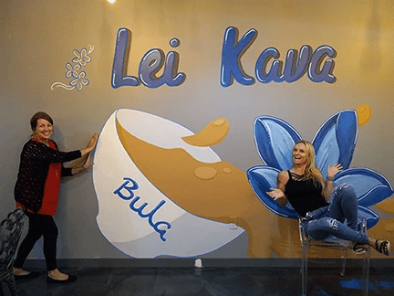 Cathy Grobler of Quest Company (l) and Lei Kava founder Danielle Wuest (r) in front of their mural Cathy Grobler of Quest Company (l) and Lei Kava founder Danielle Wuest (r) in front of their mural