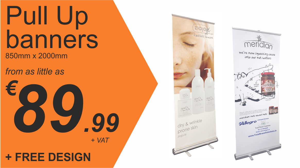 Custom pull up banners are a great portable solution to promoting your brand and are very cost effective. We provide FREE DESIGN on your order. Tel 01 8643639 Custom pull up banners are a great portable solution to promoting your brand and are very cost effective. We provide FREE DESIGN on your order. Tel 01 8643639