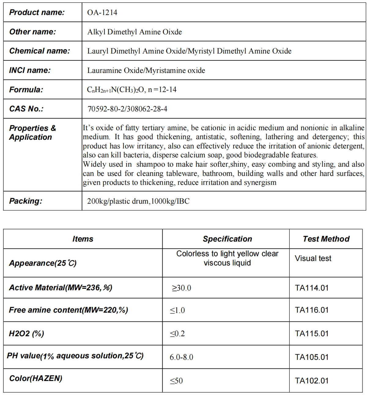 OA-1214, Alkyl Dimethyl Amine Oixde, Cocamine Oxide