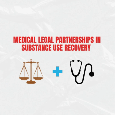 scales of justice plus dr. stethoscope, text: Medical Legal Partnerships in Substance Use Recovery scales of justice plus dr. stethoscope, text: Medical Legal Partnerships in Substance Use Recovery