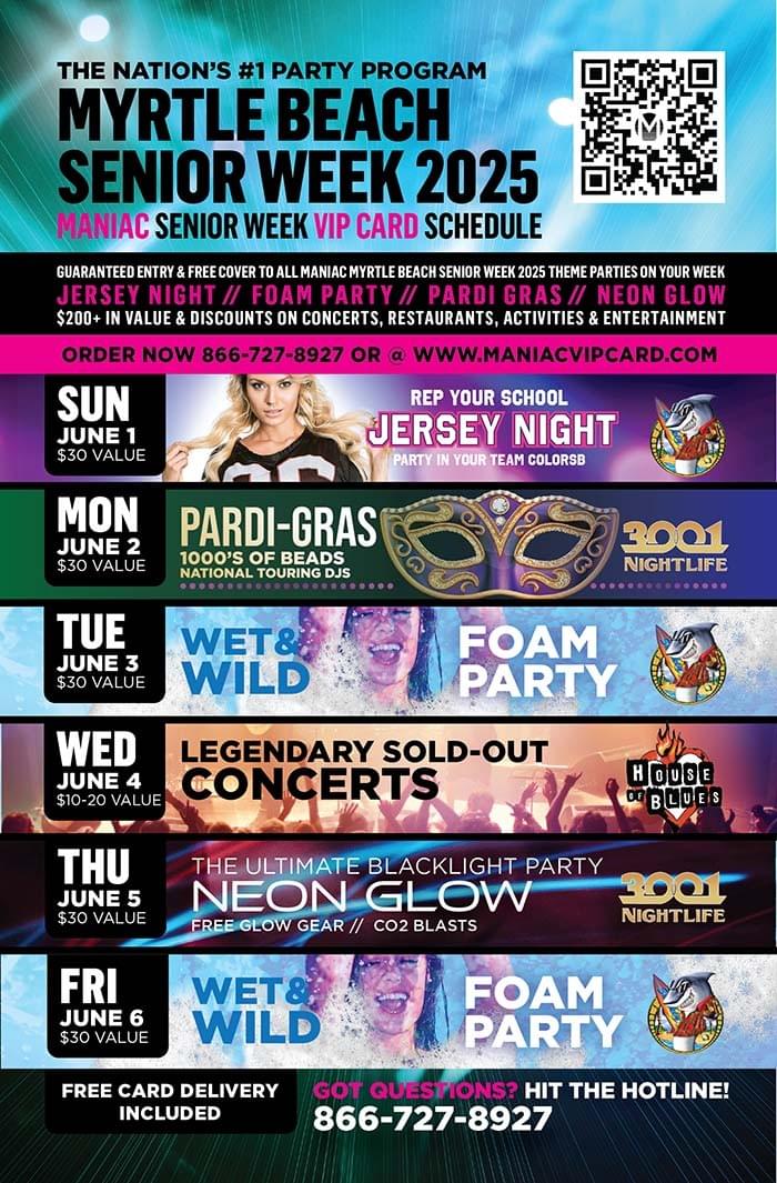 Experience the Ultimate Senior Week at Myrtle Beach! All the HUGE events for Myrtle Beach Senior Beach Week 2025! Foam Parties, Paint Parties, Mardi Gras Parties, Concerts, Neon Blacklight Glow Parties! Experience the Ultimate Senior Week at Myrtle Beach! All the HUGE events for Myrtle Beach Senior Beach Week 2025! Foam Parties, Paint Parties, Mardi Gras Parties, Concerts, Neon Blacklight Glow Parties!