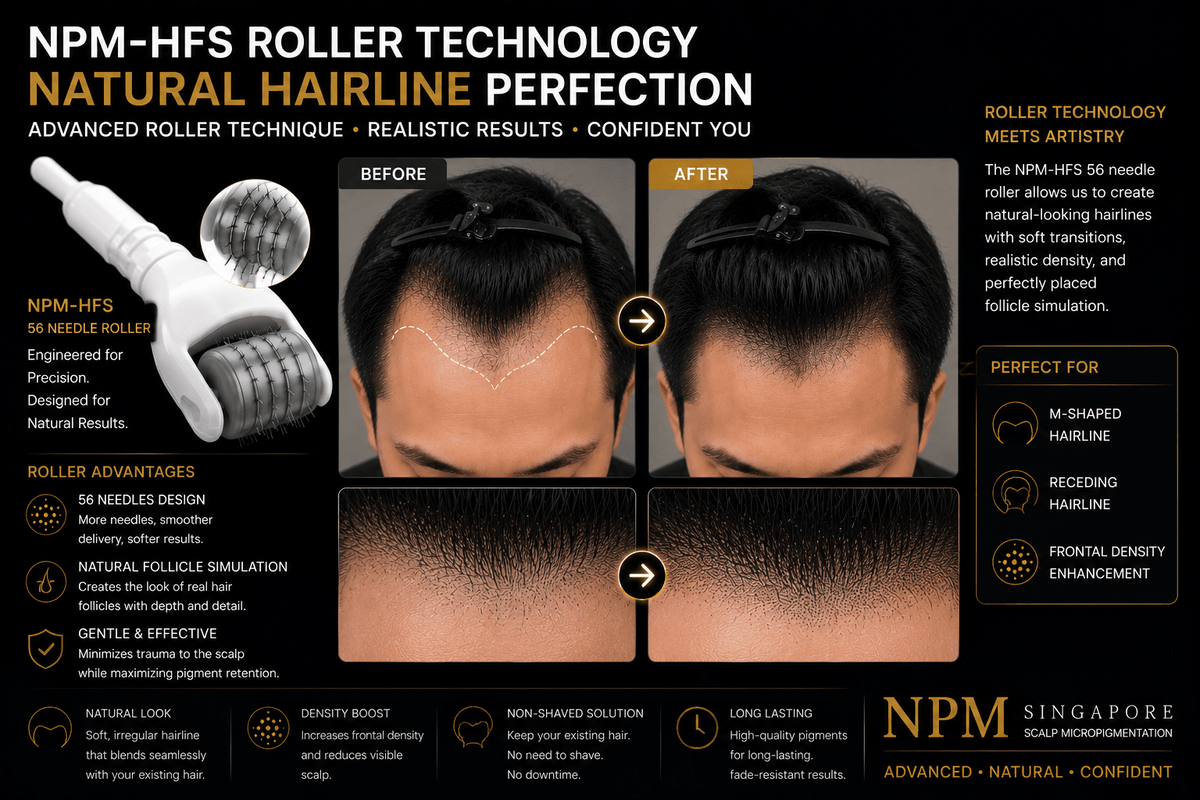 NPM-HFS 56 needle roller technology for natural hairline scalp micropigmentation. NPM-HFS 56 needle roller technology for natural hairline scalp micropigmentation.