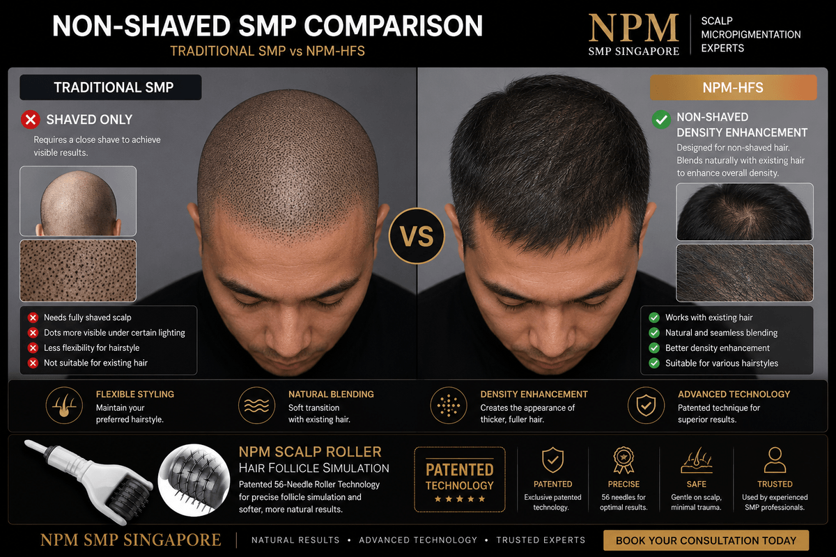 Non-shaved scalp micropigmentation comparison using NPM-HFS technology. Non-shaved scalp micropigmentation comparison using NPM-HFS technology.