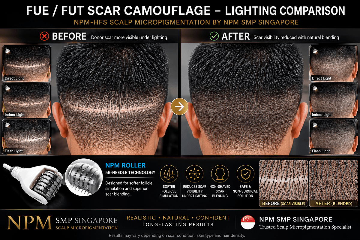 Hair transplant scar visibility reduction under lighting after SMP treatment. Hair transplant scar visibility reduction under lighting after SMP treatment.