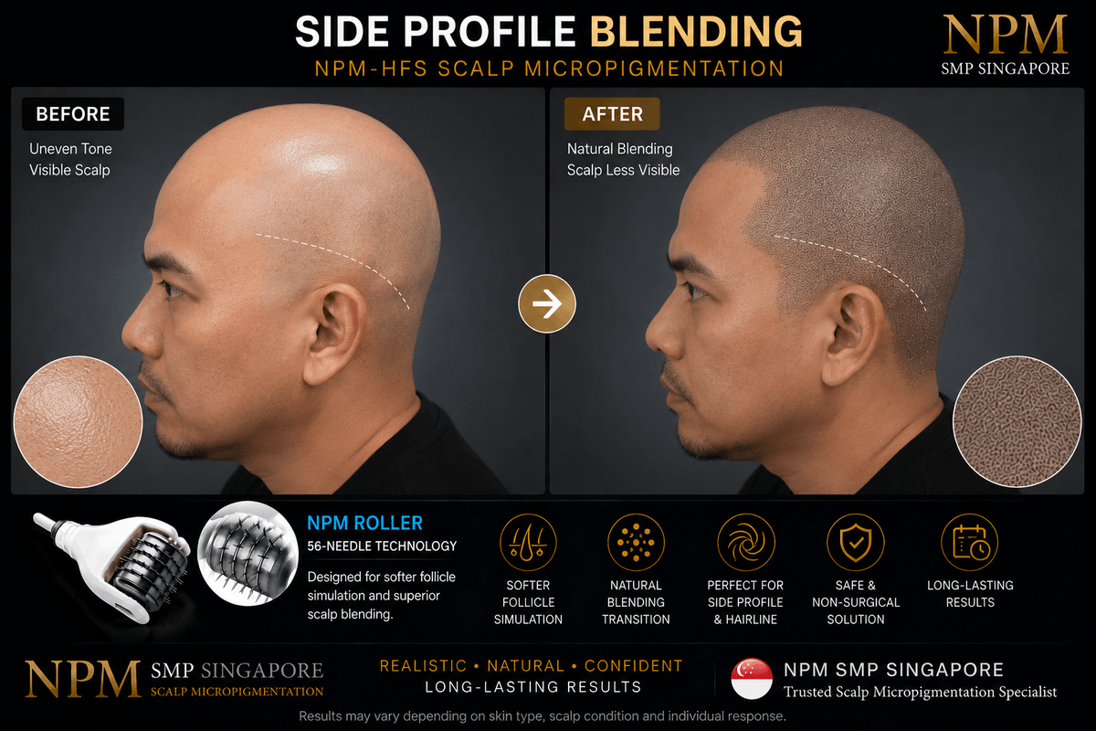 Side profile scalp micropigmentation blending for Skin Head style. Side profile scalp micropigmentation blending for Skin Head style.