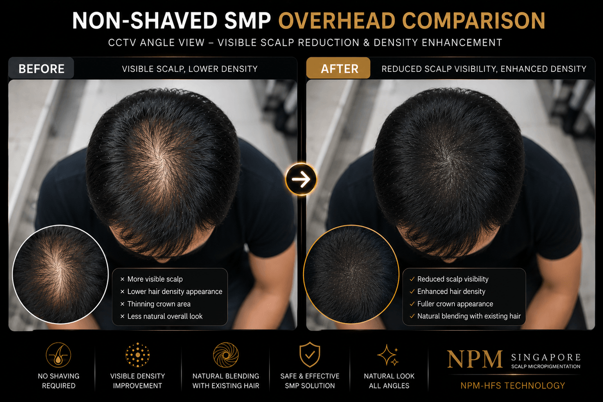 Top view non-shaved scalp micropigmentation density enhancement. Top view non-shaved scalp micropigmentation density enhancement.