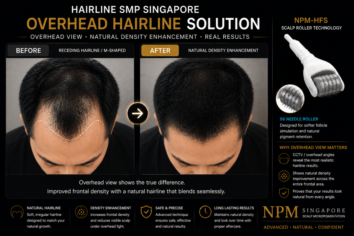Top view hairline scalp micropigmentation density enhancement. Top view hairline scalp micropigmentation density enhancement.
