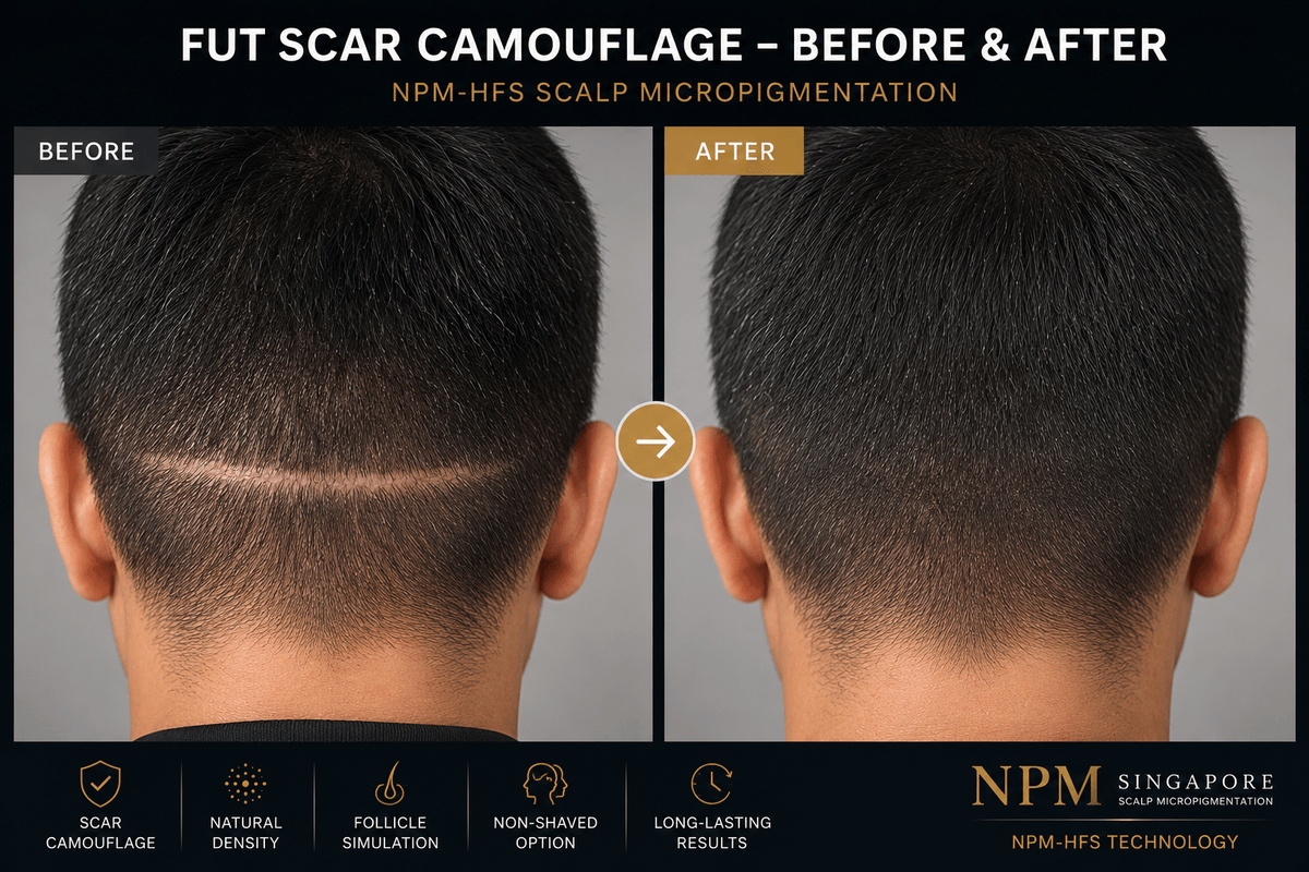 Before and after FUT hair transplant scar camouflage using scalp micropigmentation in Singapore. Before and after FUT hair transplant scar camouflage using scalp micropigmentation in Singapore.