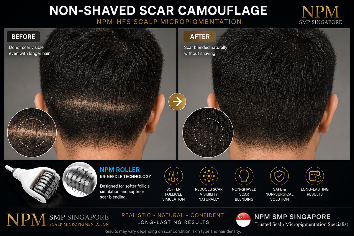 Non-shaved FUE scar camouflage using NPM-HFS scalp micropigmentation. Non-shaved FUE scar camouflage using NPM-HFS scalp micropigmentation.