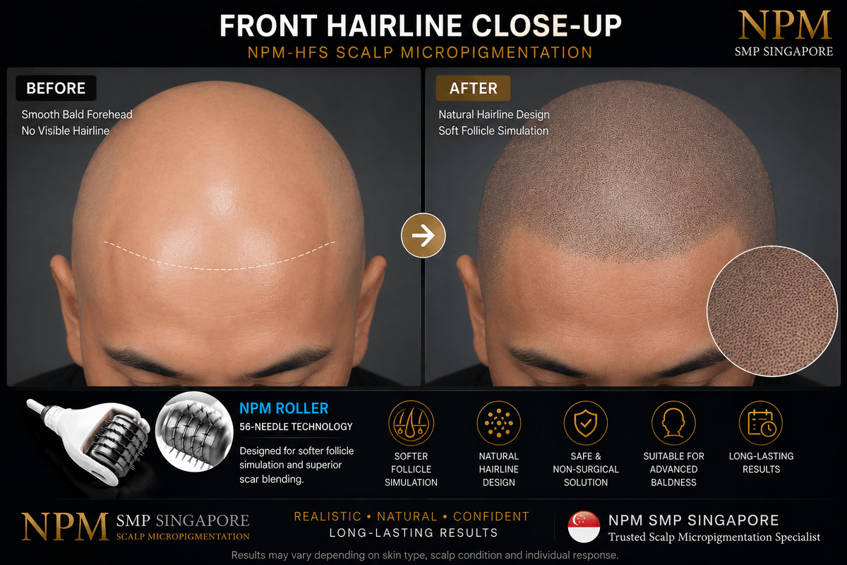 Natural front hairline follicle simulation using NPM-HFS scalp micropigmentation. Natural front hairline follicle simulation using NPM-HFS scalp micropigmentation.