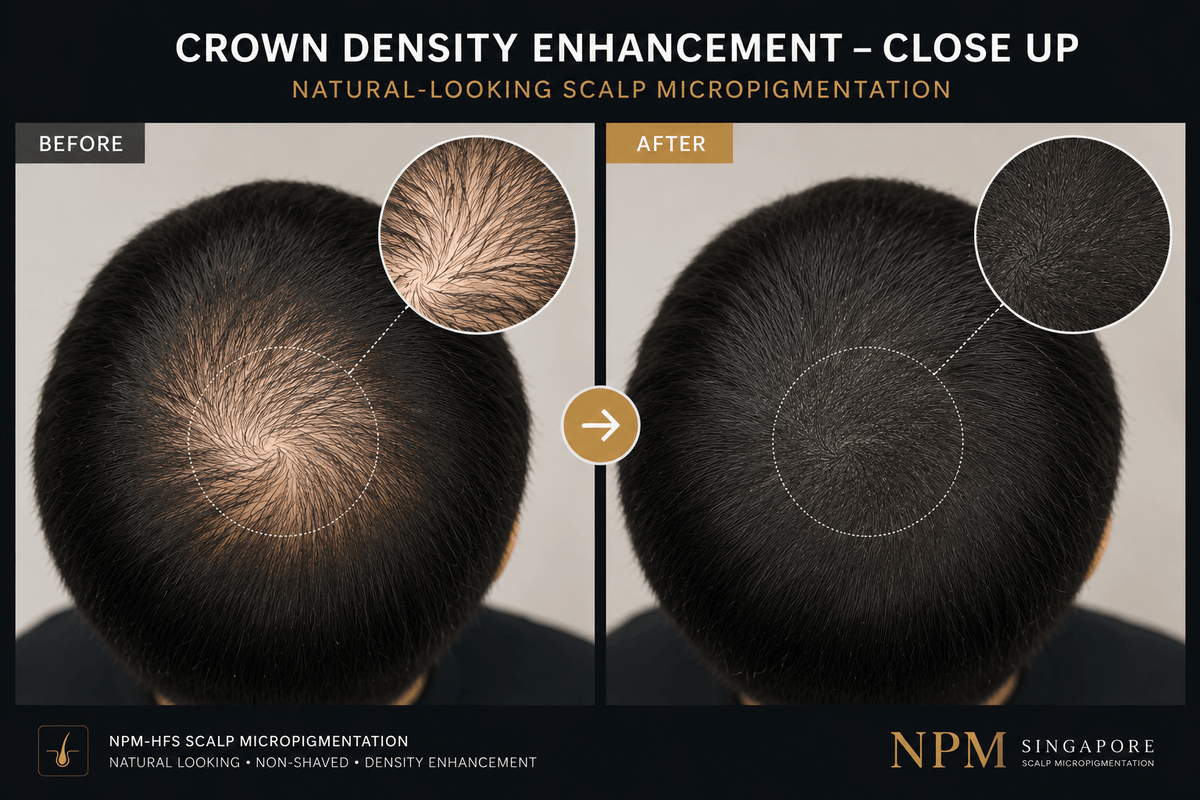 Close-up crown density enhancement using NPM-HFS scalp micropigmentation. Close-up crown density enhancement using NPM-HFS scalp micropigmentation.