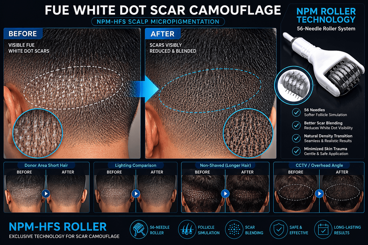 FUE donor scar camouflage scalp micropigmentation close-up. FUE donor scar camouflage scalp micropigmentation close-up.