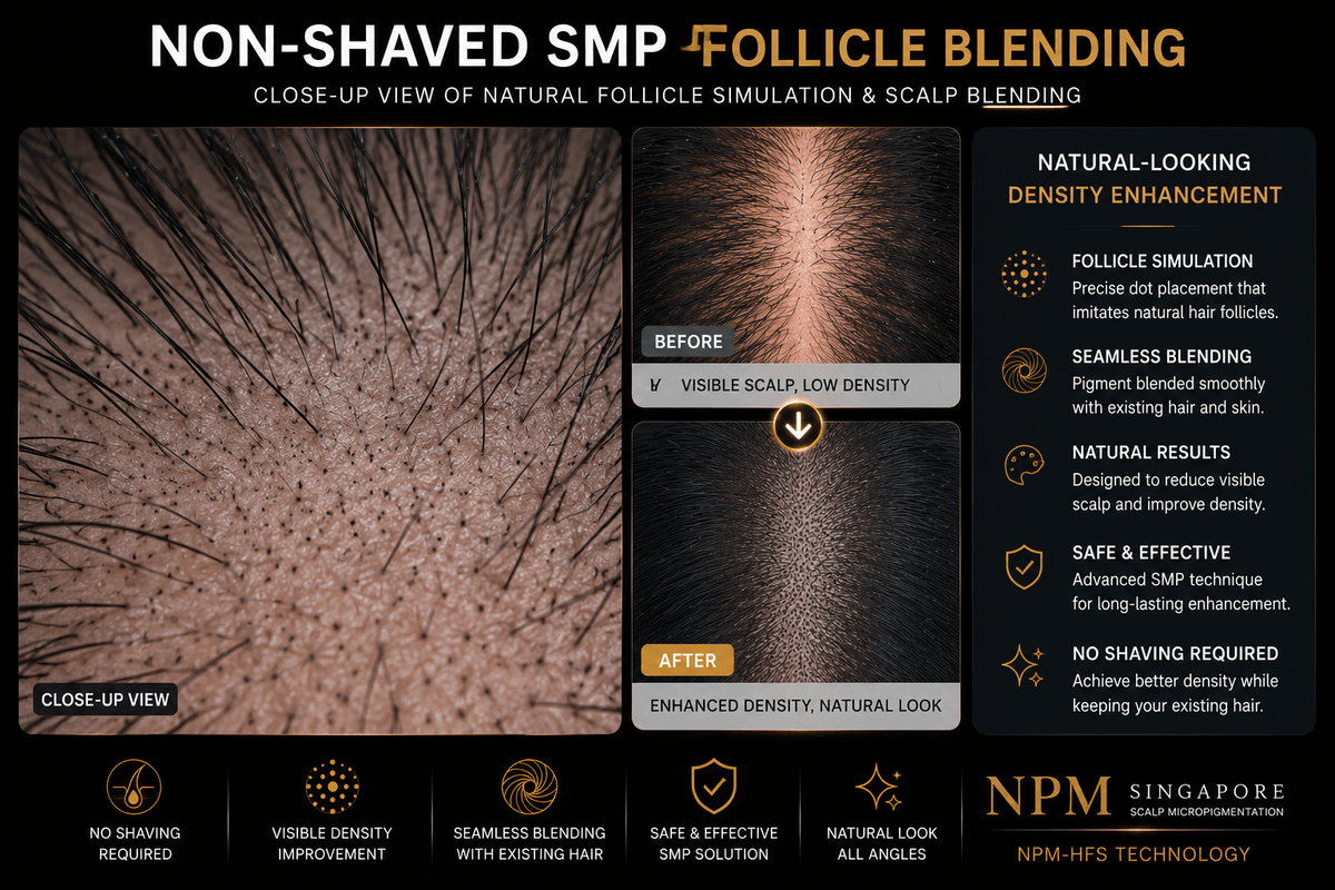 Close-up follicle blending with non-shaved scalp micropigmentation. Close-up follicle blending with non-shaved scalp micropigmentation.