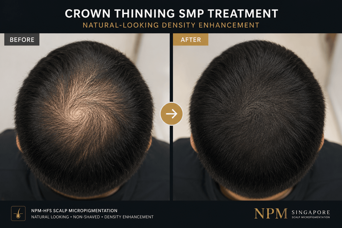 Crown thinning scalp visibility reduction under lighting after SMP treatment. Crown thinning scalp visibility reduction under lighting after SMP treatment.