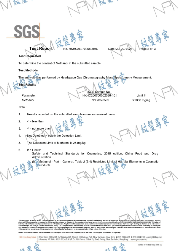 SGS methanol test report for the NPM HFS pigment sample submitted in Hong Kong, July 2026. SGS methanol test report for the NPM HFS pigment sample submitted in Hong Kong, July 2026.