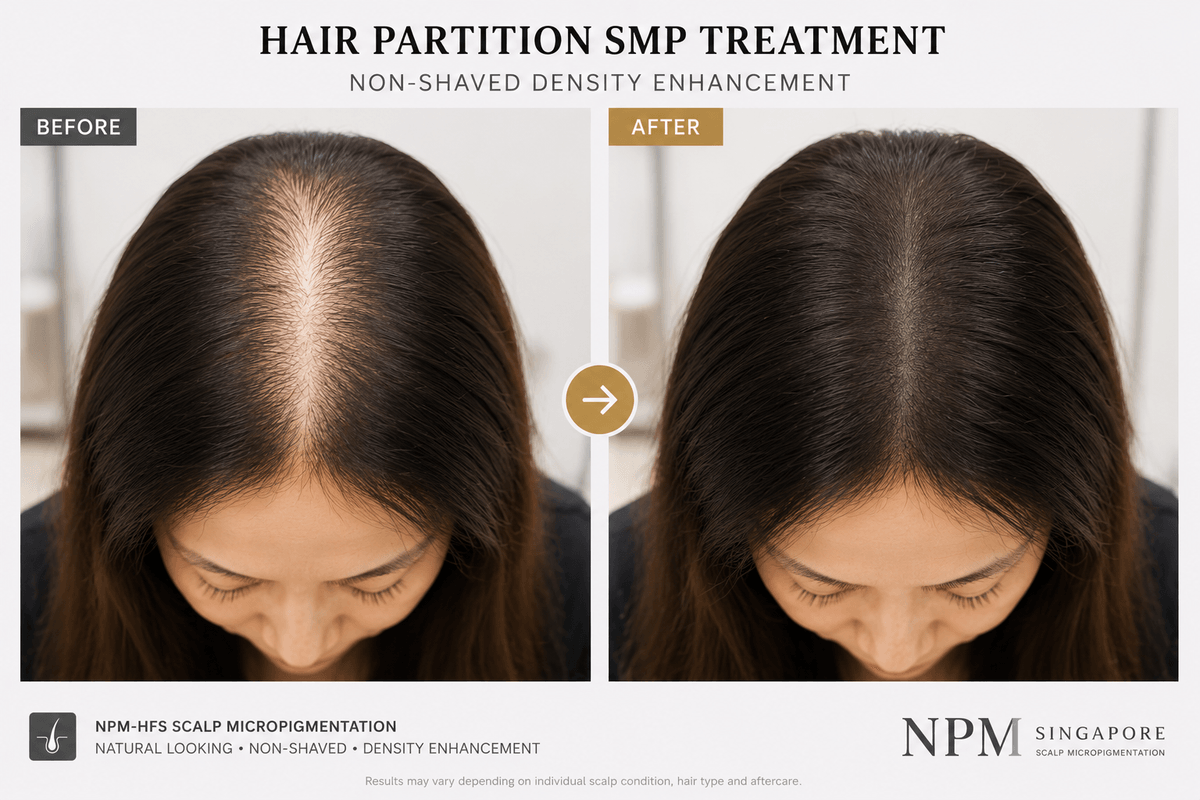 Scalp micropigmentation for widening female hair partition in Singapore. Scalp micropigmentation for widening female hair partition in Singapore.
