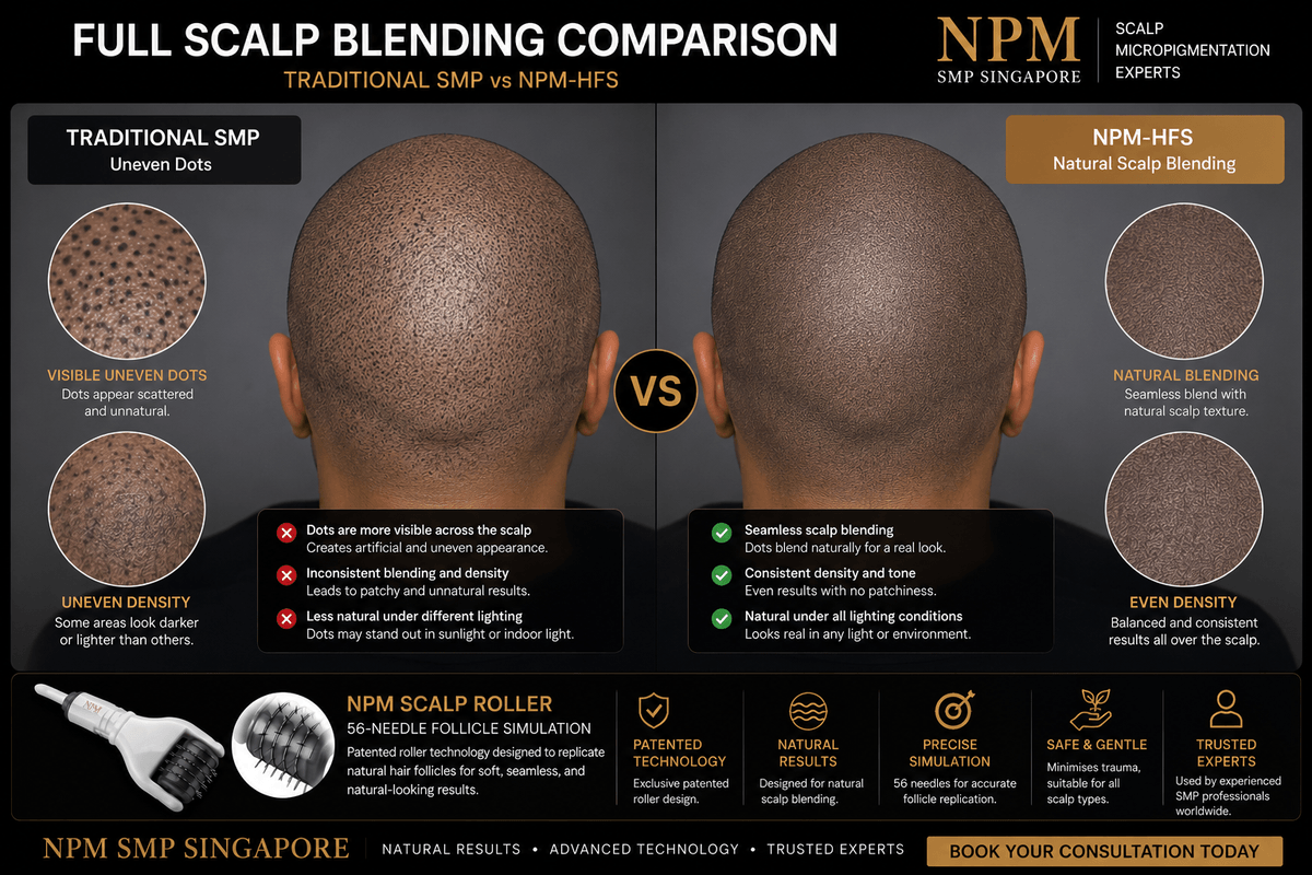 Full scalp blending comparison between traditional SMP and NPM-HFS. Full scalp blending comparison between traditional SMP and NPM-HFS.