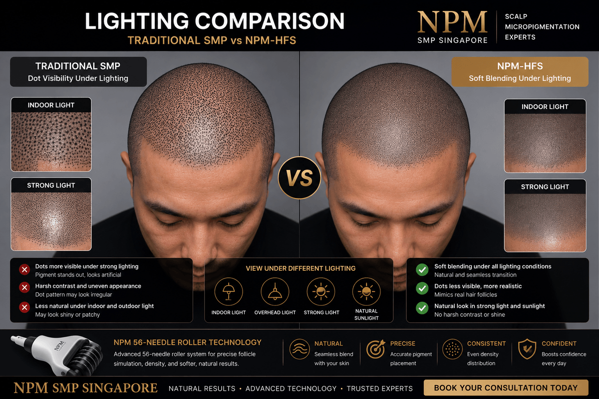 Lighting comparison between traditional SMP and NPM-HFS scalp blending. Lighting comparison between traditional SMP and NPM-HFS scalp blending.