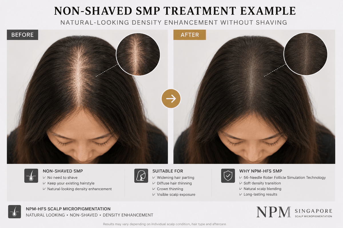Non-shaved female scalp micropigmentation density enhancement by NPM-HFS. Non-shaved female scalp micropigmentation density enhancement by NPM-HFS.