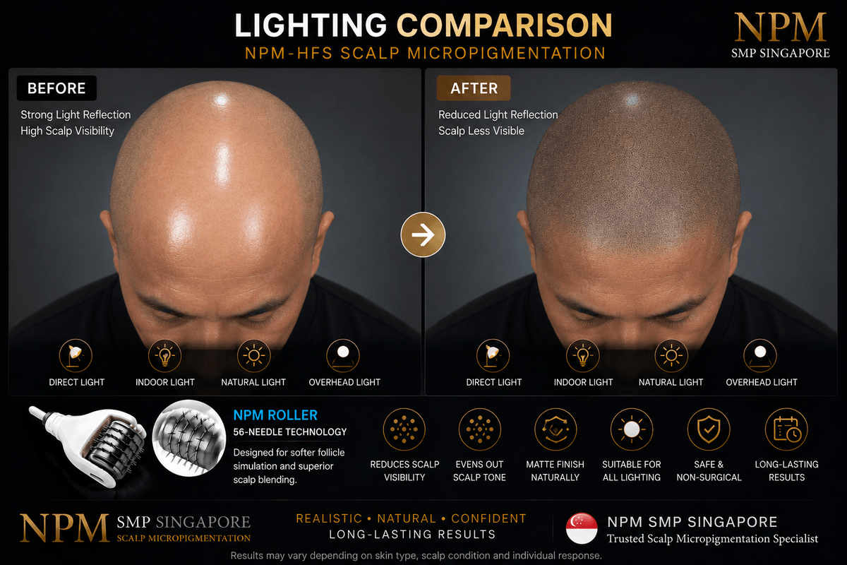 Lighting comparison after full head scalp micropigmentation treatment. Lighting comparison after full head scalp micropigmentation treatment.