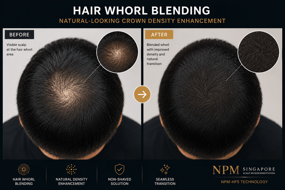 Hair whorl scalp micropigmentation density blending treatment. Hair whorl scalp micropigmentation density blending treatment.